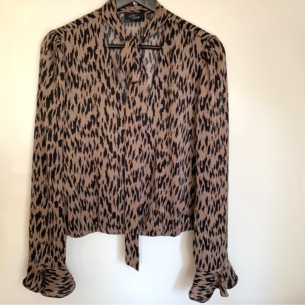Leopard Print Tie-Neck Blouse Ruffled Cuffs